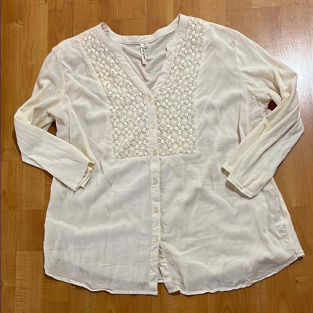 Cream ivory 3/4 Sleeve Embellished Blouse top Grand & Greene XL soft cotton t